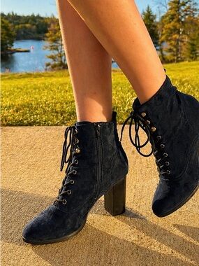 Report Navy Blue Lace-Up Suede Ankle Boots with Block Heel